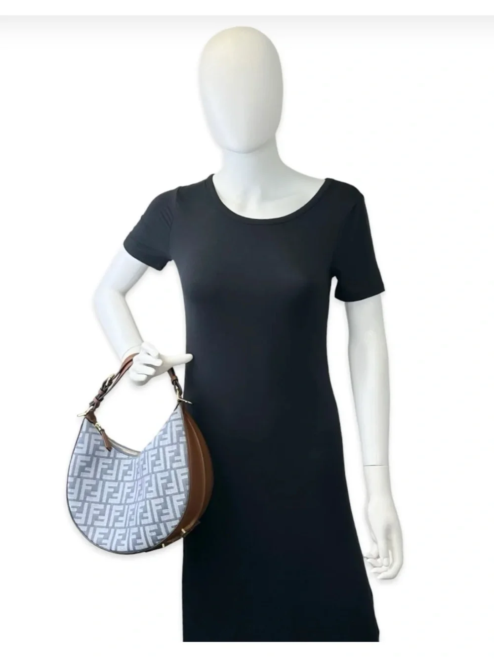 Fendi Blue denim FF Monogram Crescent Shoulder Bag with Leather Trim NWT